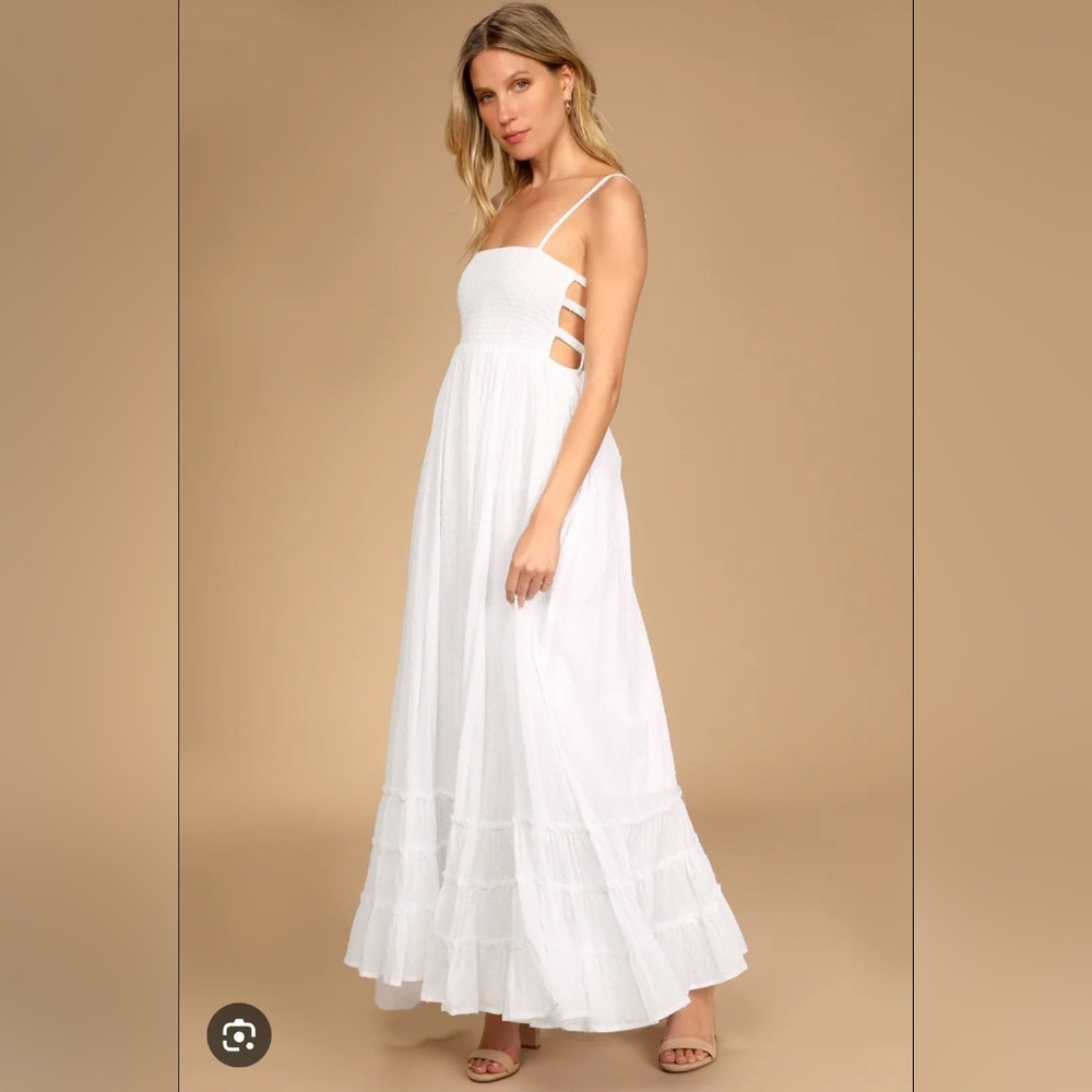 LULU'S Serene Sunshine Swiss Dot Smocked Cutout Tiered Maxi Dress SIZE XS NWT